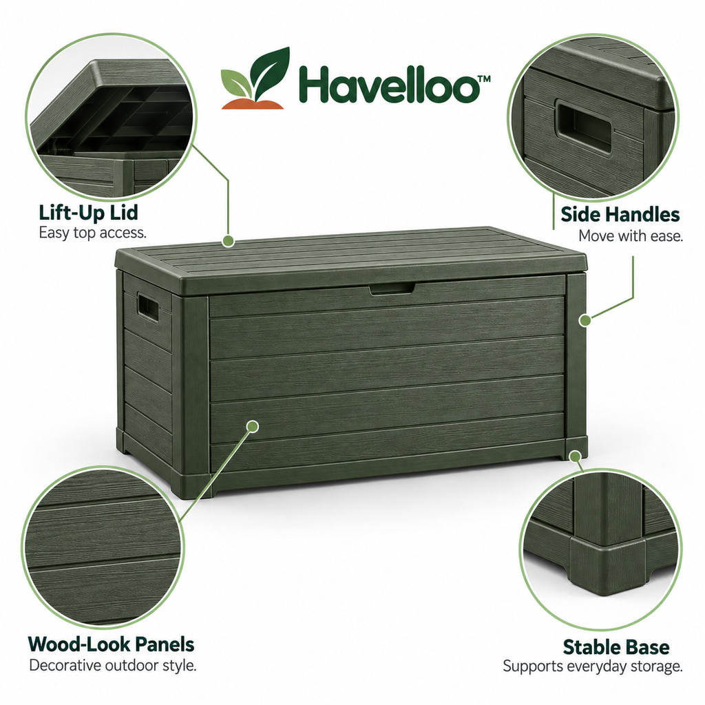 🏠 Havelloo™ 75-Gallon Outdoor Deck Storage Box with Wood-Grain Finish