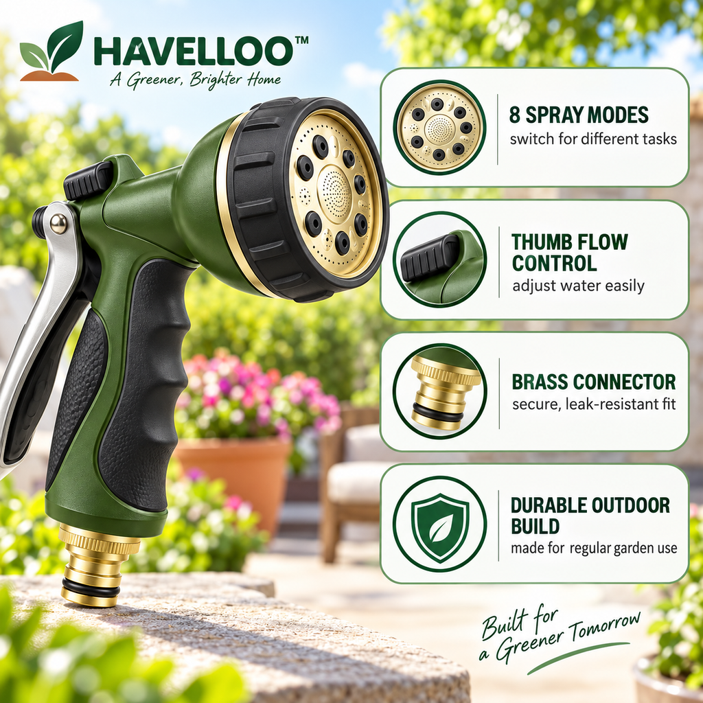 🚿 Havelloo™ 8-Pattern High-Pressure Spray Nozzle with Brass Fittings & Lock Trigger
