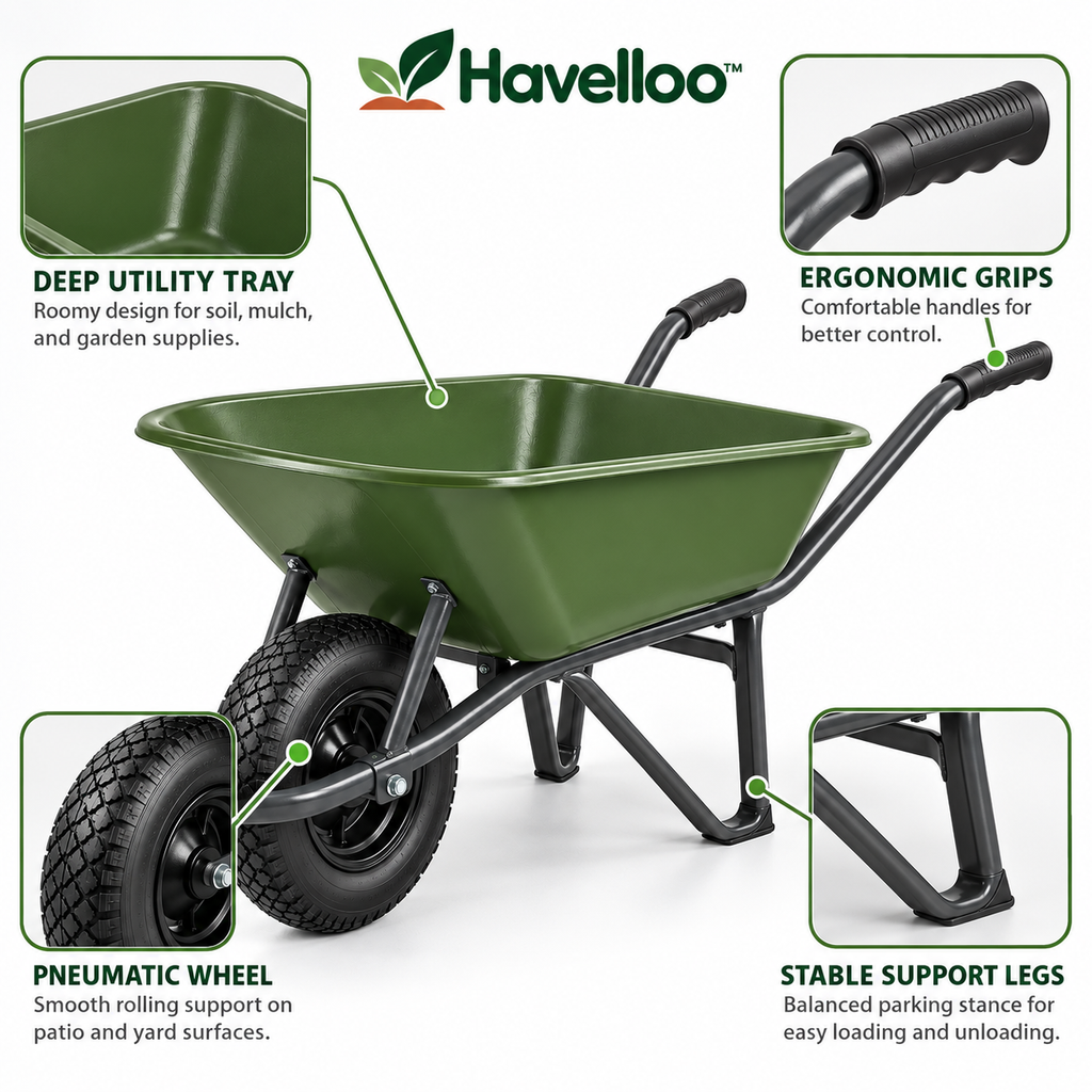 🛞 Havelloo™ Heavy-Duty Garden Wheelbarrow with Pneumatic Tire & Steel Frame