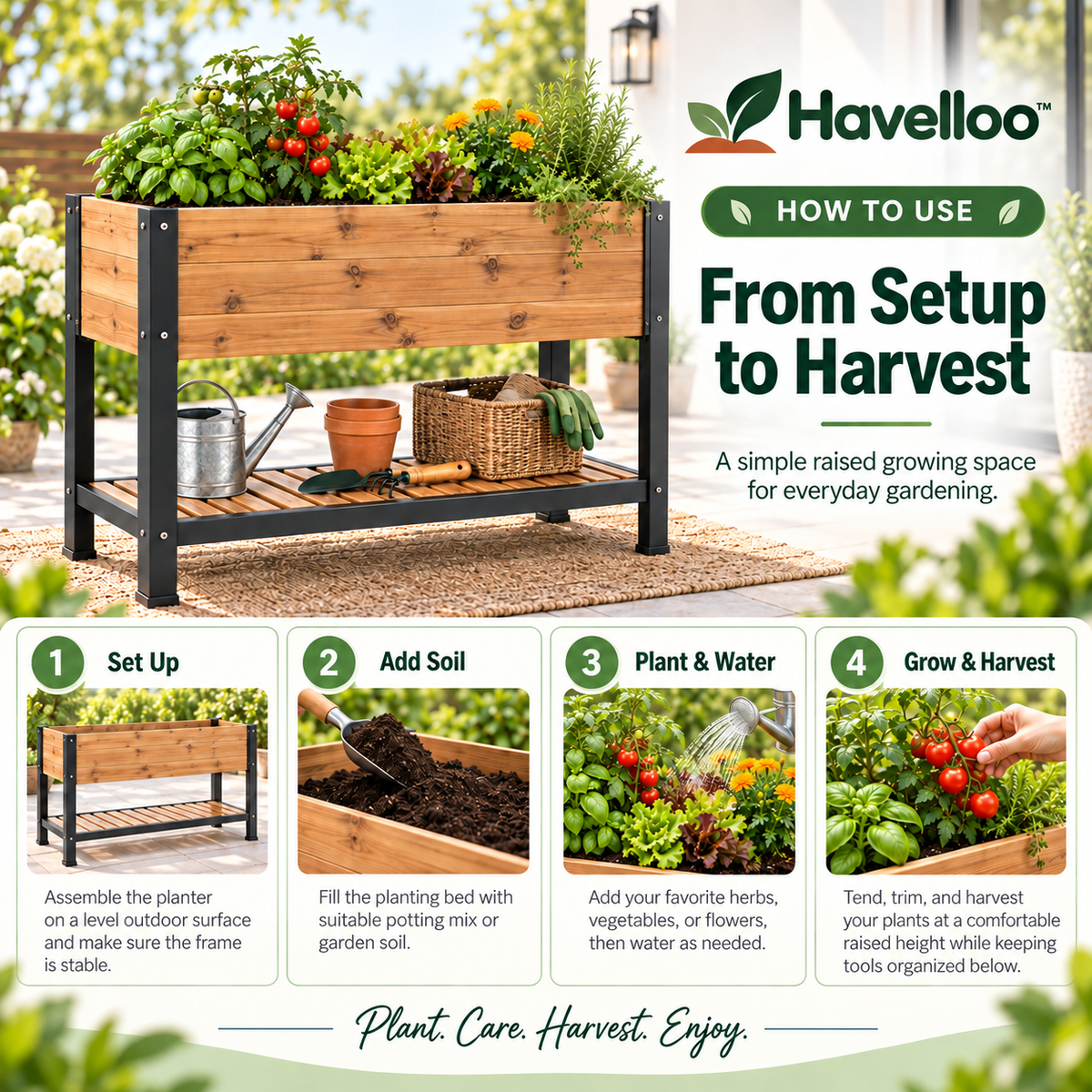 Havelloo™ Elevated Raised Garden Bed with Lower Storage Shelf & Sturdy Metal Frame