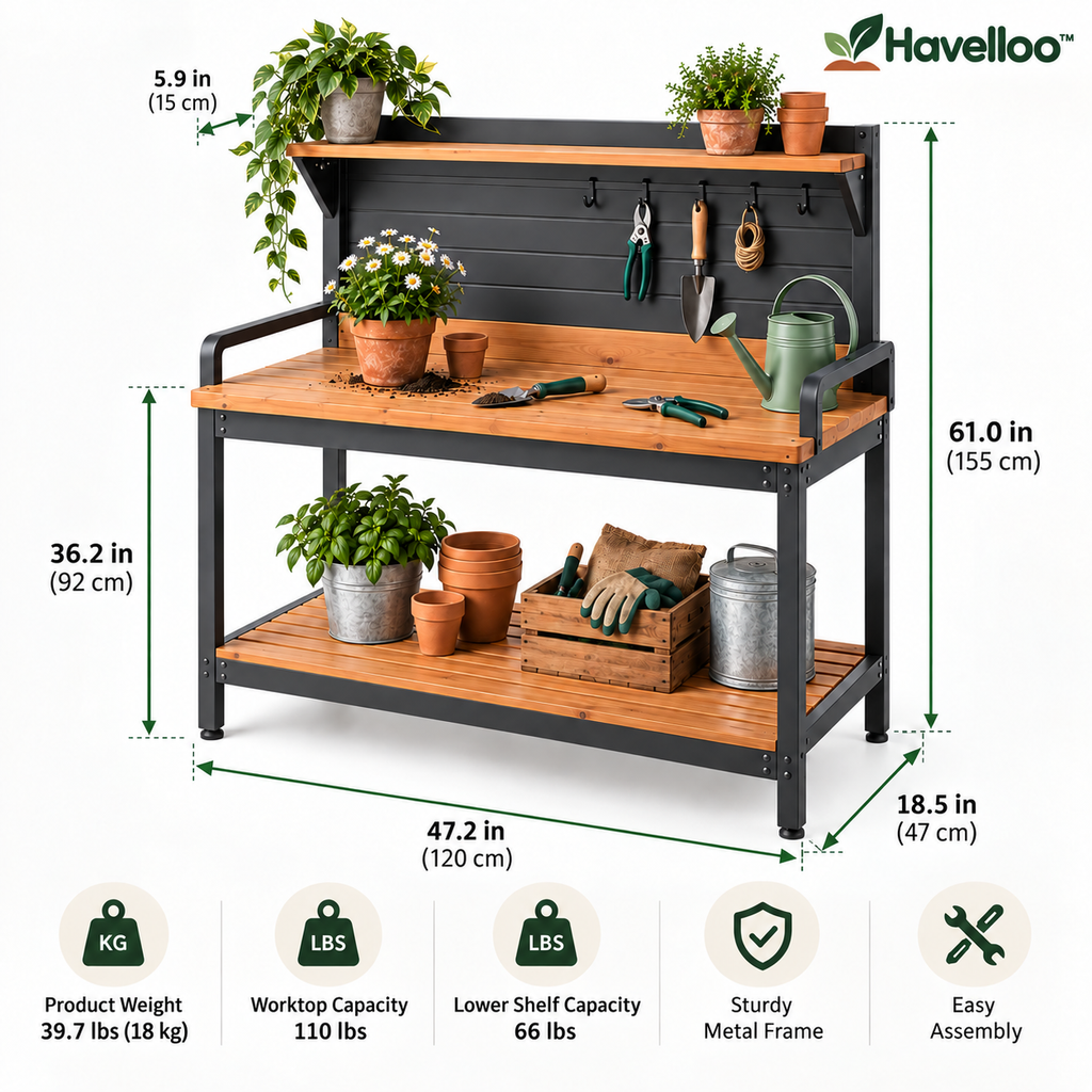 🔨 Havelloo™ Outdoor Potting Bench with Upper Shelf, Tool Hooks & Lower Storage