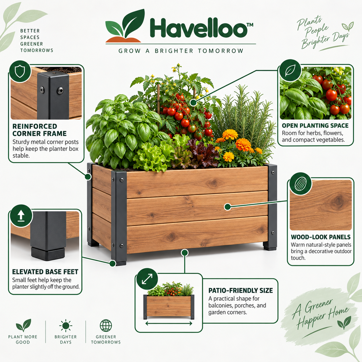 📦 Havelloo™ Rectangular Wood Planter Box with Reinforced Metal Corners
