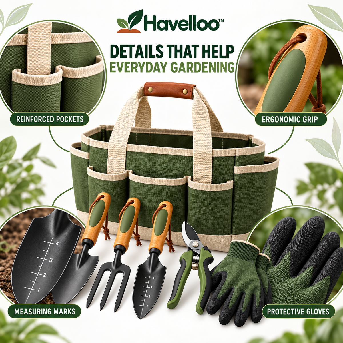 🧰 Havelloo™ 5-Piece Garden Tool Set with Canvas Tote Bag & Gardening Gloves