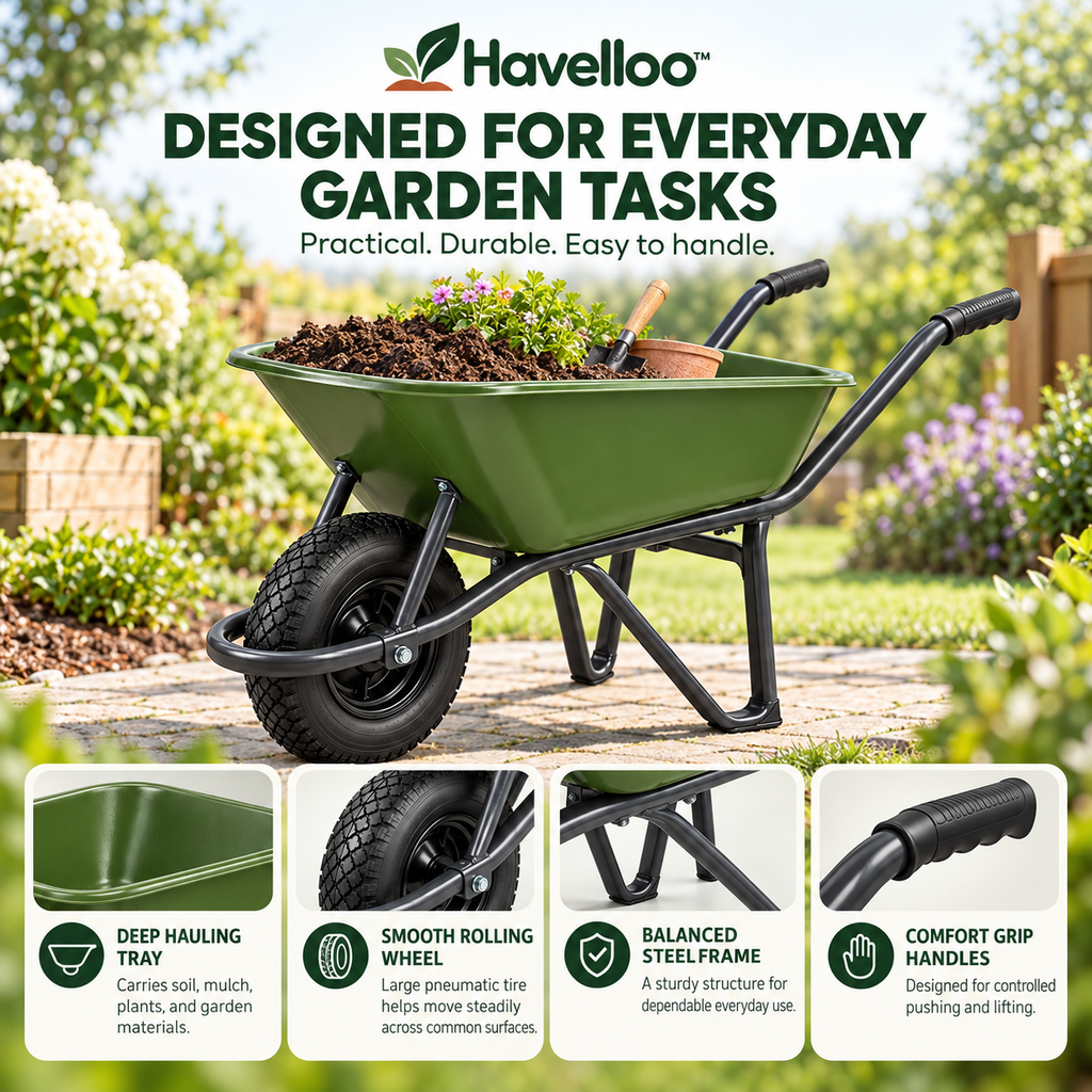 🛞 Havelloo™ Heavy-Duty Garden Wheelbarrow with Pneumatic Tire & Steel Frame