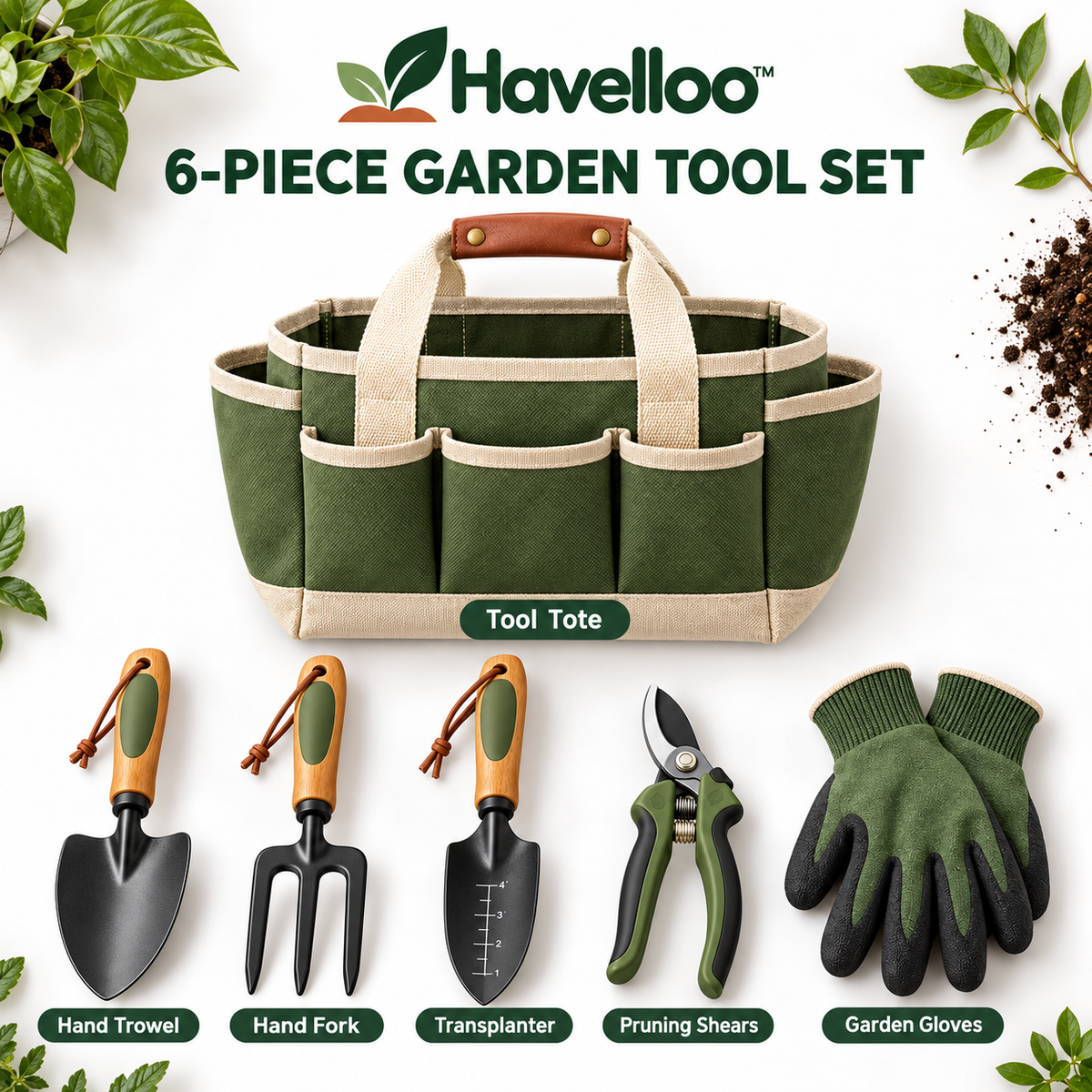 🧰 Havelloo™ 5-Piece Garden Tool Set with Canvas Tote Bag & Gardening Gloves