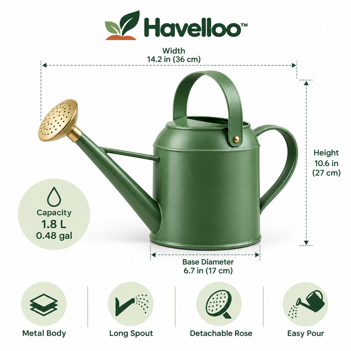 🪴 Havelloo™ Sage Green Metal Watering Can with Long Spout & Brass Shower Rose