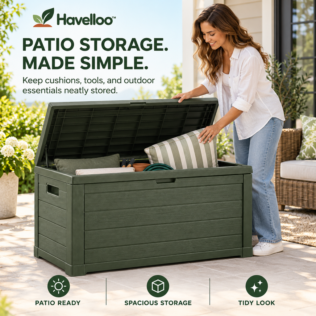 🏠 Havelloo™ 75-Gallon Outdoor Deck Storage Box with Wood-Grain Finish