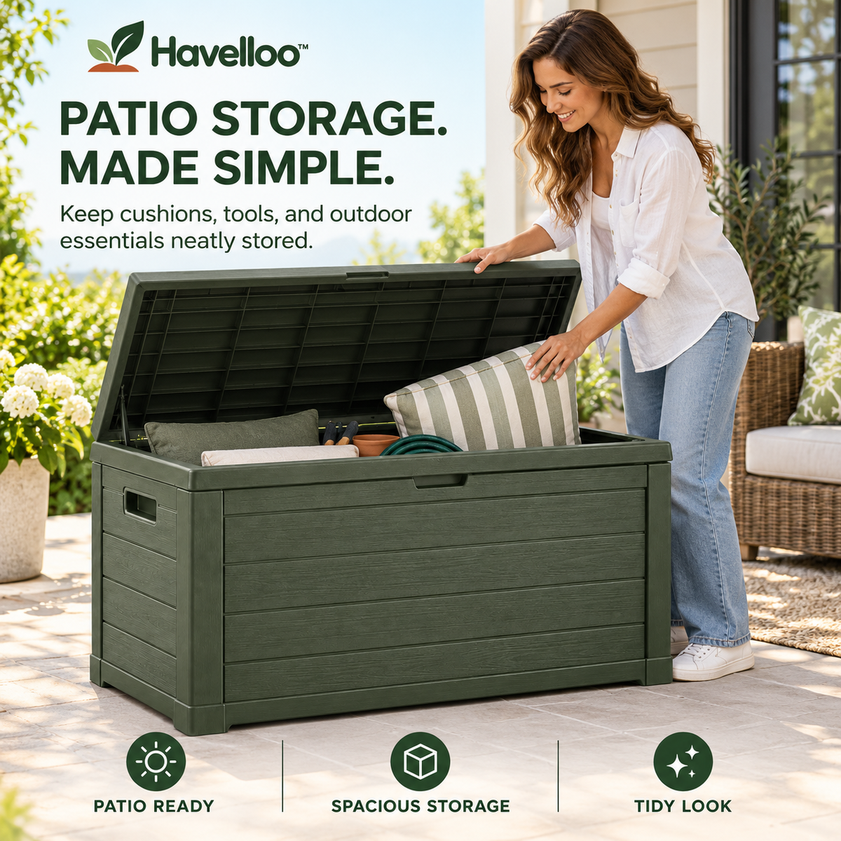 🏠 Havelloo™ 75-Gallon Outdoor Deck Storage Box with Wood-Grain Finish