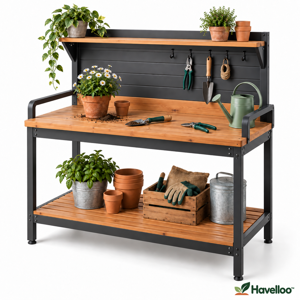 🔨 Havelloo™ Outdoor Potting Bench with Upper Shelf, Tool Hooks & Lower Storage