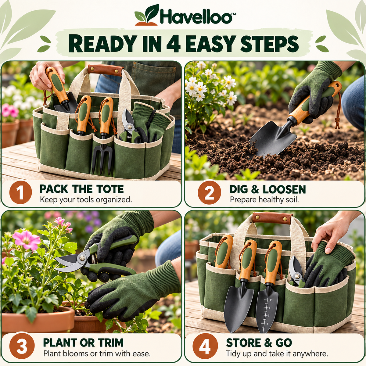 🧰 Havelloo™ 5-Piece Garden Tool Set with Canvas Tote Bag & Gardening Gloves
