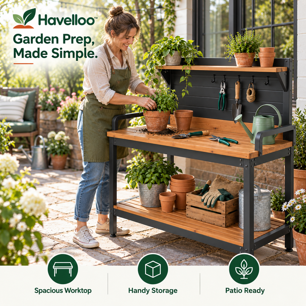 🔨 Havelloo™ Outdoor Potting Bench with Upper Shelf, Tool Hooks & Lower Storage