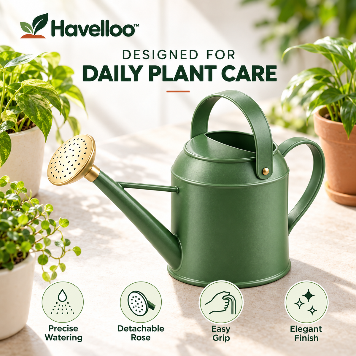 🪴 Havelloo™ Sage Green Metal Watering Can with Long Spout & Brass Shower Rose