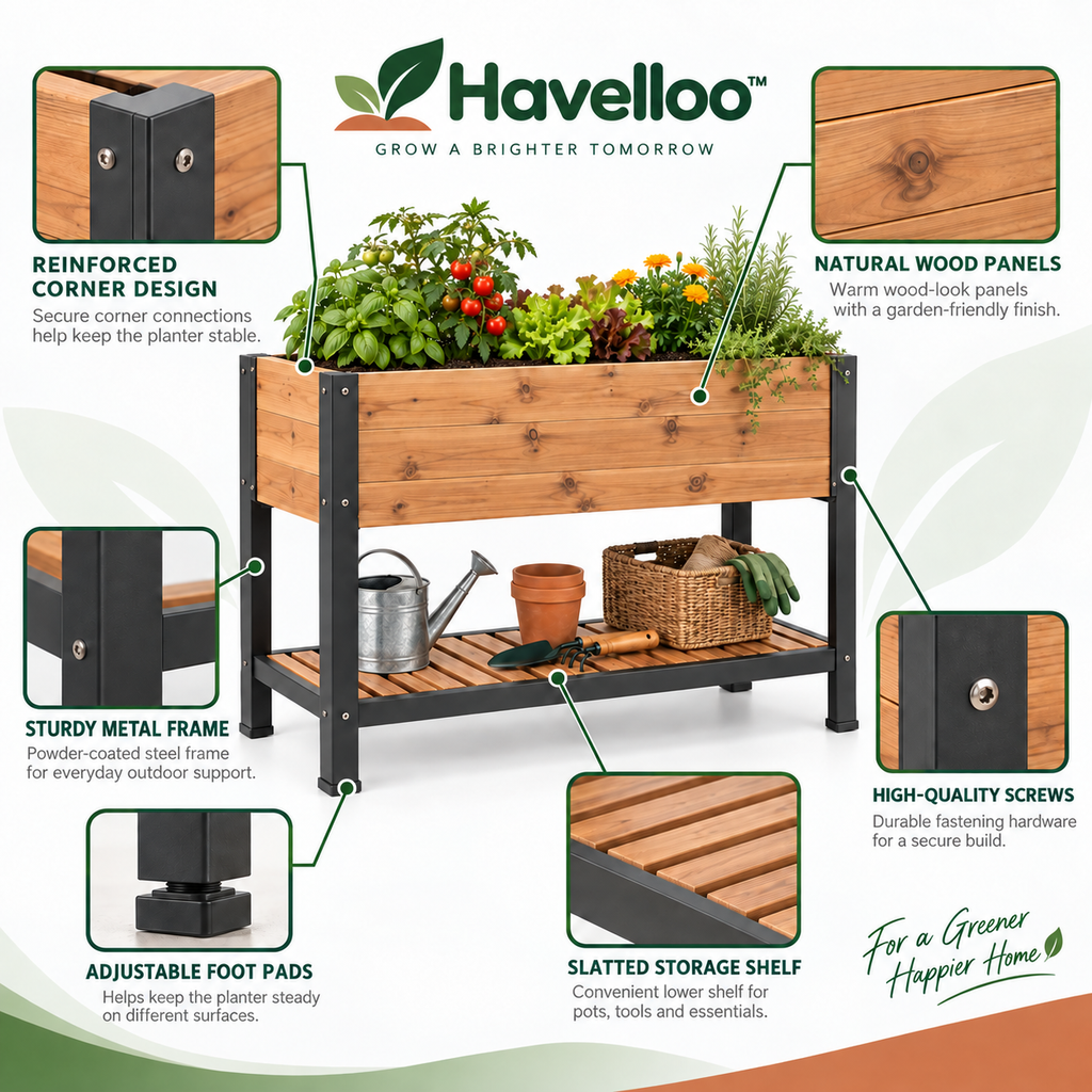 Havelloo™ Elevated Raised Garden Bed with Lower Storage Shelf & Sturdy Metal Frame