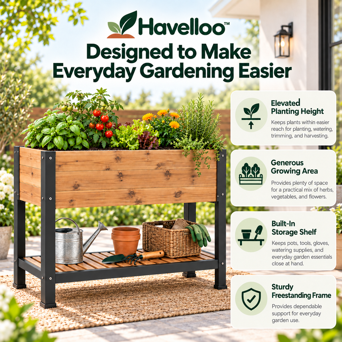 Havelloo™ Elevated Raised Garden Bed with Lower Storage Shelf & Sturdy Metal Frame