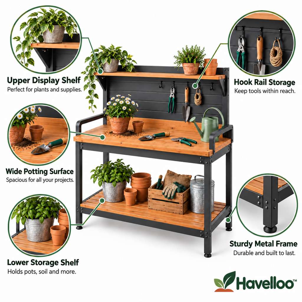 🔨 Havelloo™ Outdoor Potting Bench with Upper Shelf, Tool Hooks & Lower Storage