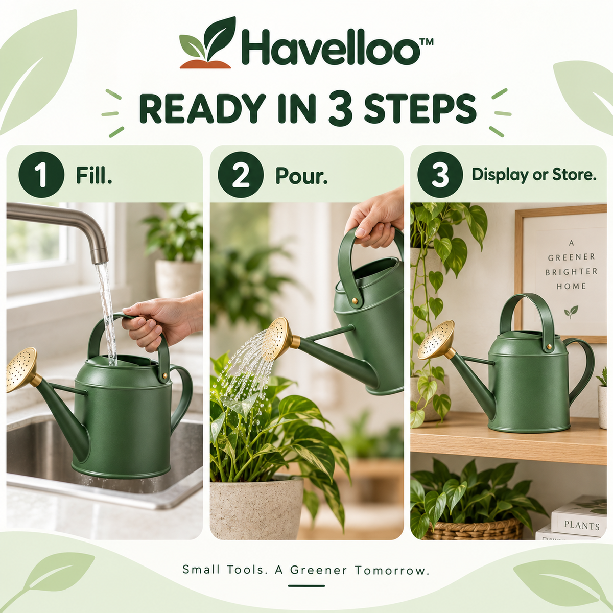 🪴 Havelloo™ Sage Green Metal Watering Can with Long Spout & Brass Shower Rose