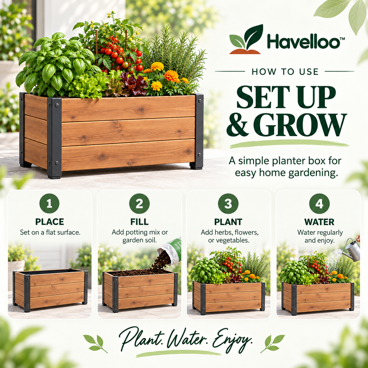📦 Havelloo™ Rectangular Wood Planter Box with Reinforced Metal Corners