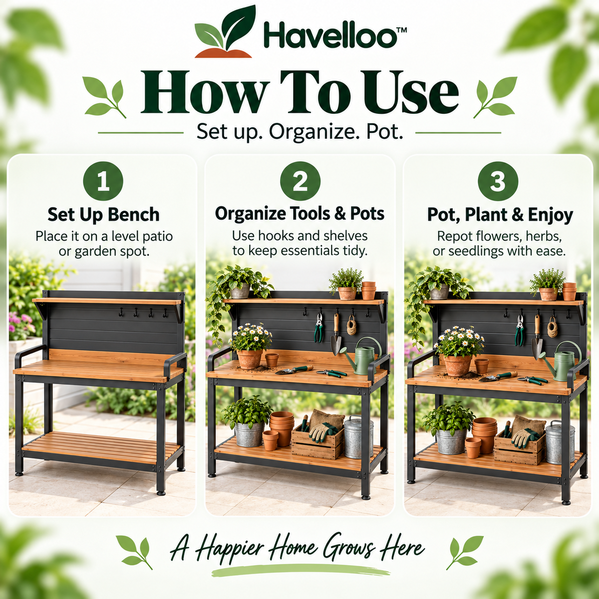 🔨 Havelloo™ Outdoor Potting Bench with Upper Shelf, Tool Hooks & Lower Storage