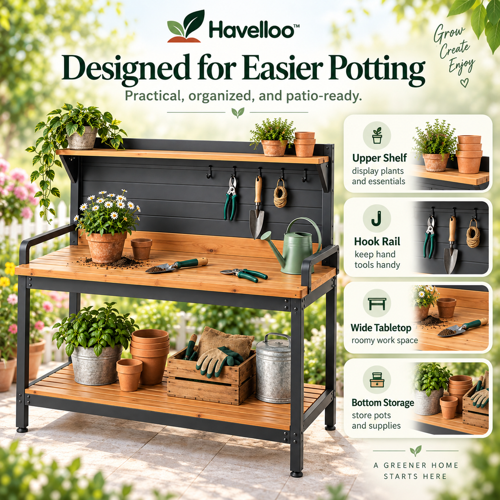 🔨 Havelloo™ Outdoor Potting Bench with Upper Shelf, Tool Hooks & Lower Storage