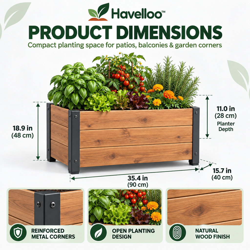 📦 Havelloo™ Rectangular Wood Planter Box with Reinforced Metal Corners