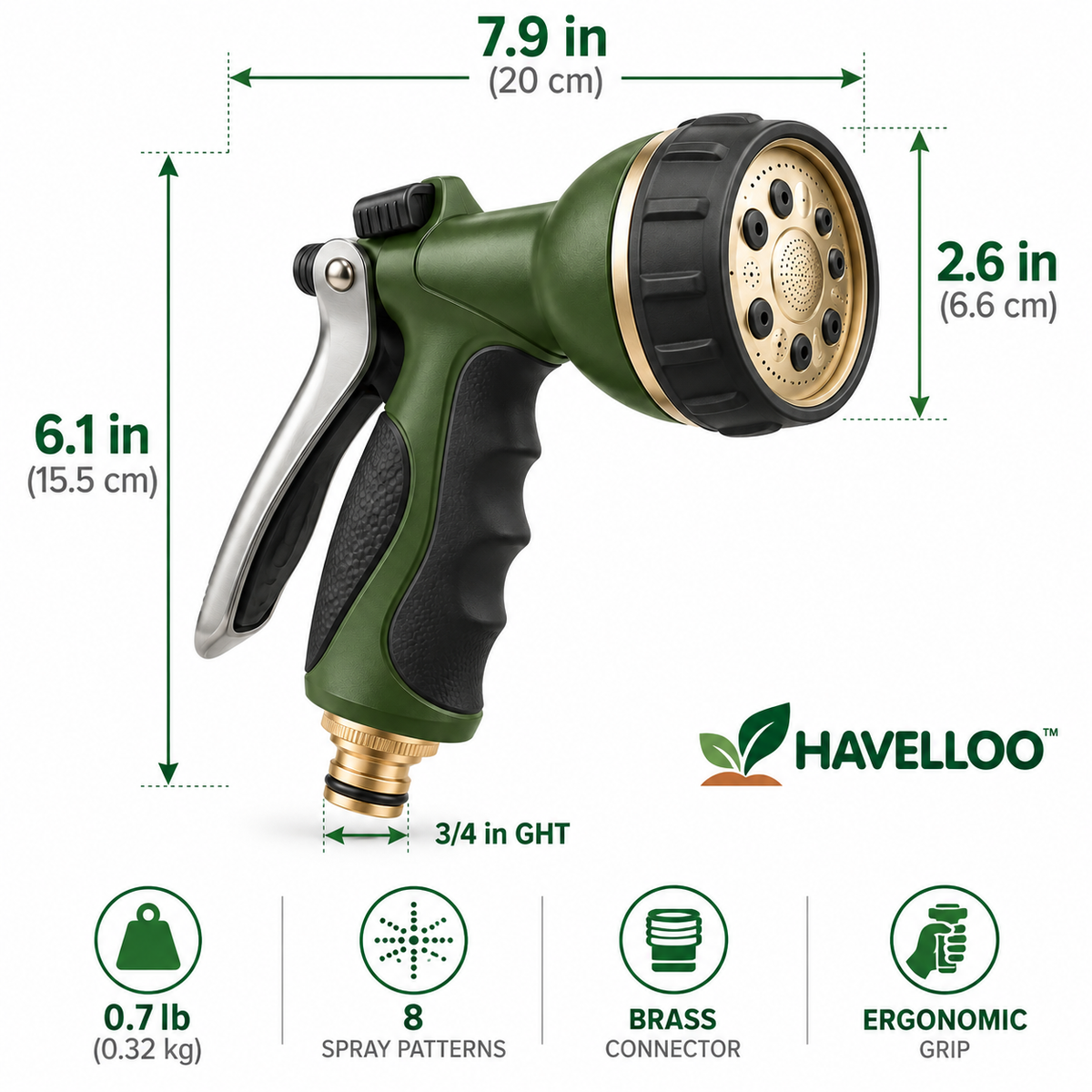 🚿 Havelloo™ 8-Pattern High-Pressure Spray Nozzle with Brass Fittings & Lock Trigger