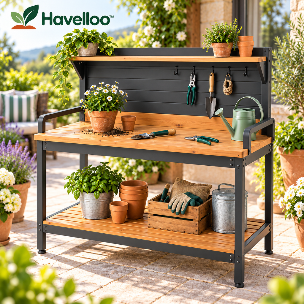 🔨 Havelloo™ Outdoor Potting Bench with Upper Shelf, Tool Hooks & Lower Storage
