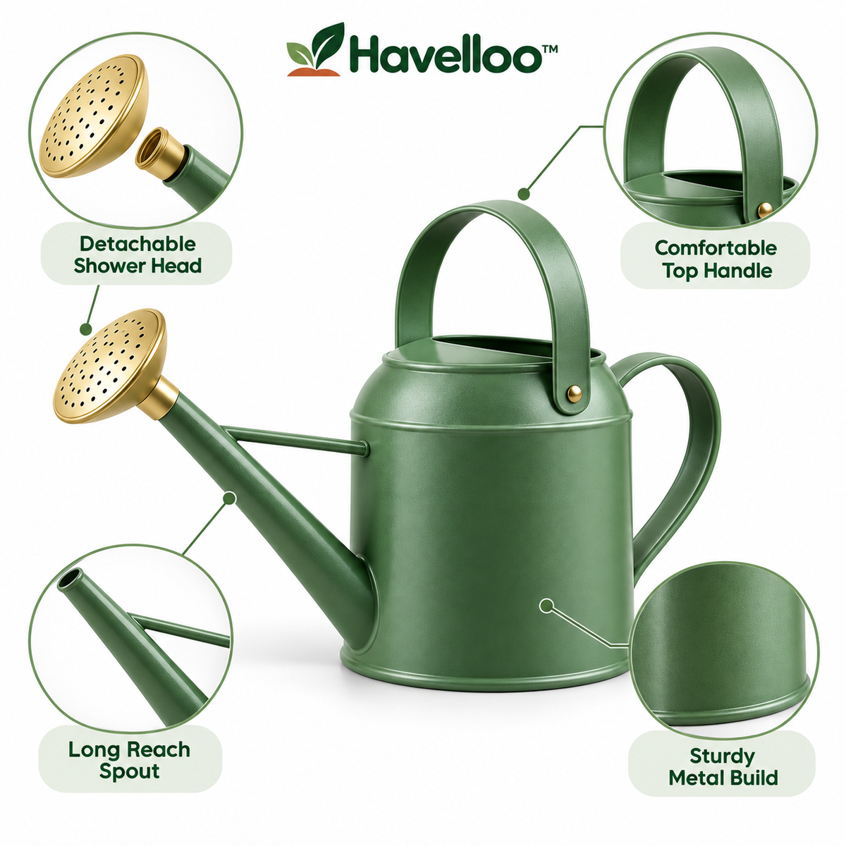 🪴 Havelloo™ Sage Green Metal Watering Can with Long Spout & Brass Shower Rose