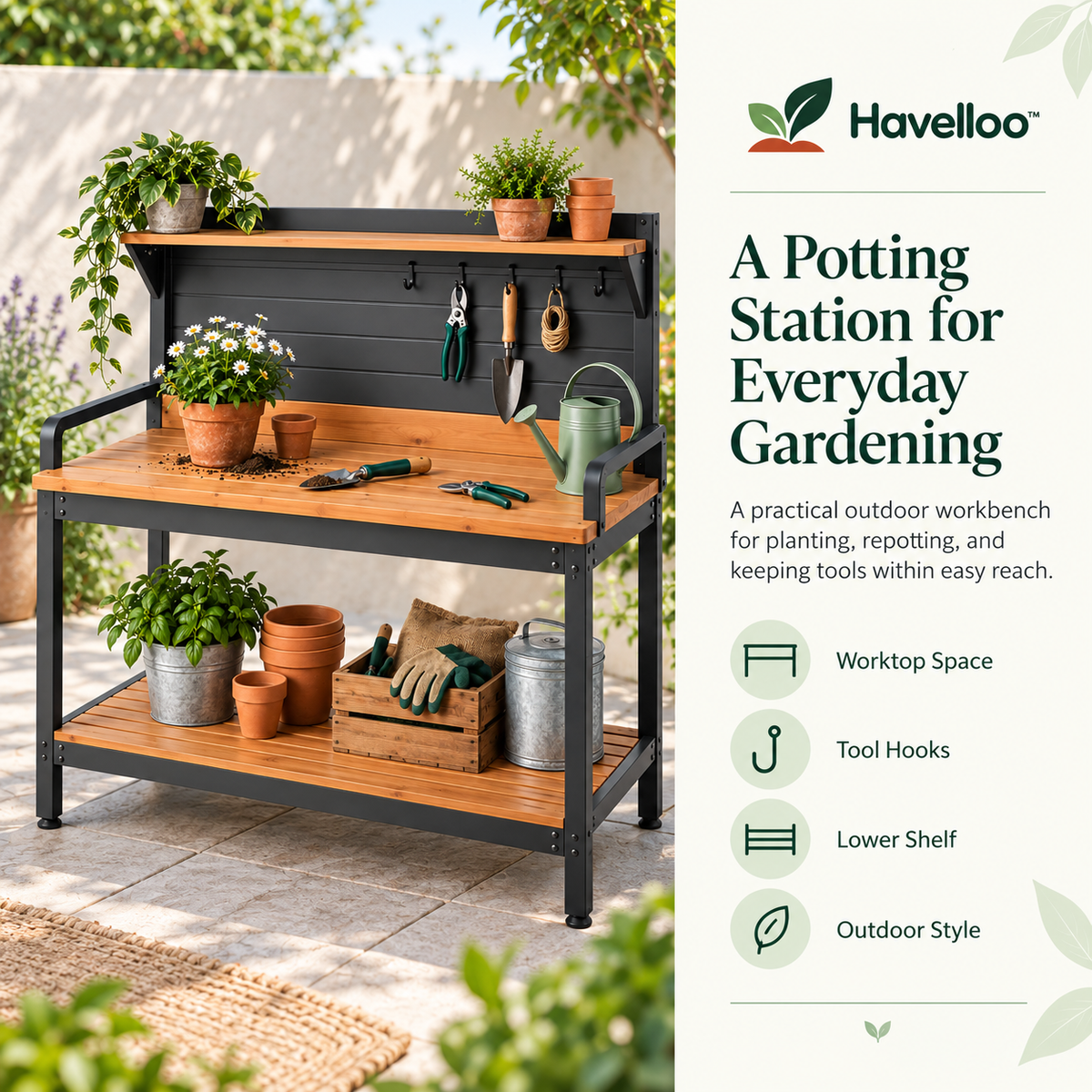 🔨 Havelloo™ Outdoor Potting Bench with Upper Shelf, Tool Hooks & Lower Storage