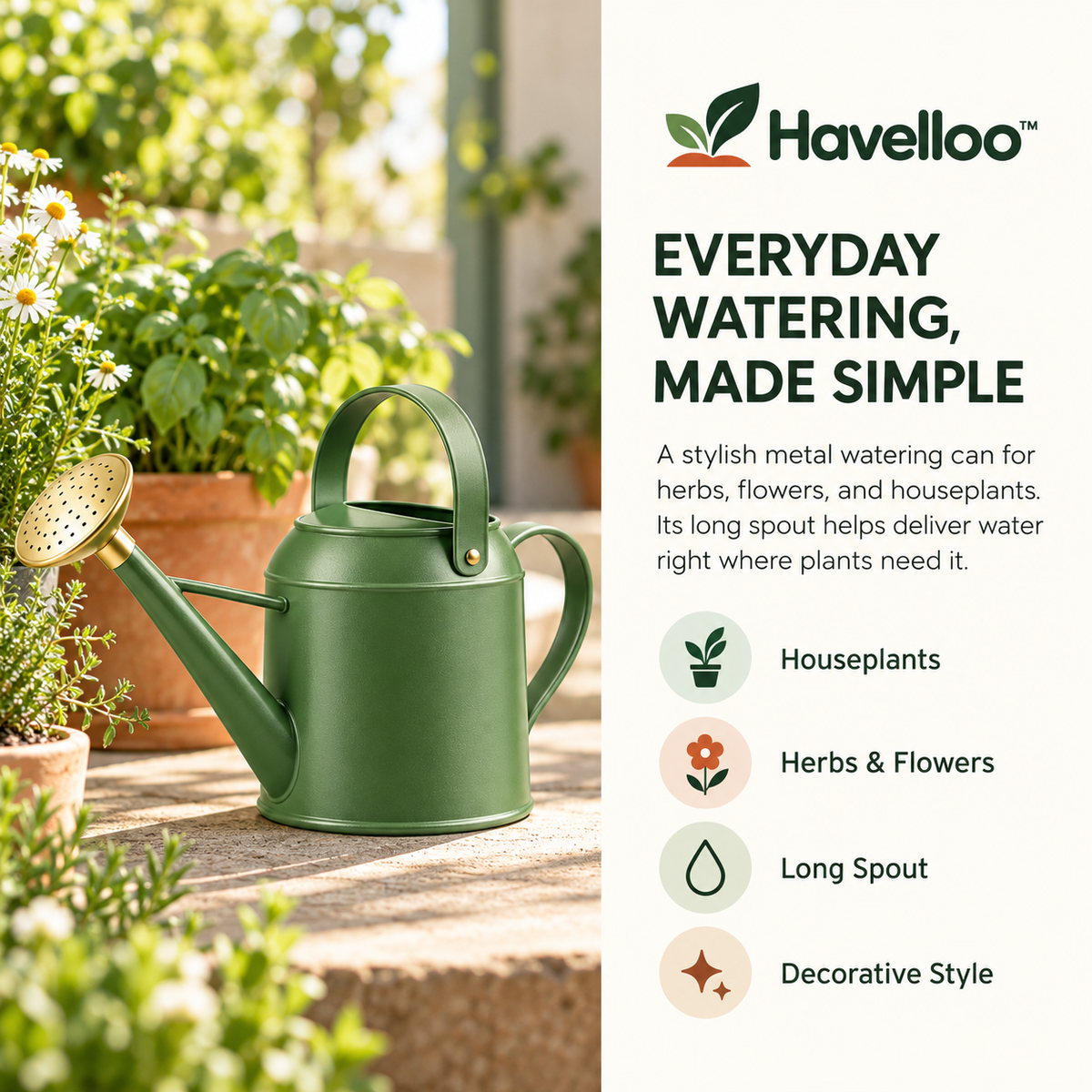 🪴 Havelloo™ Sage Green Metal Watering Can with Long Spout & Brass Shower Rose